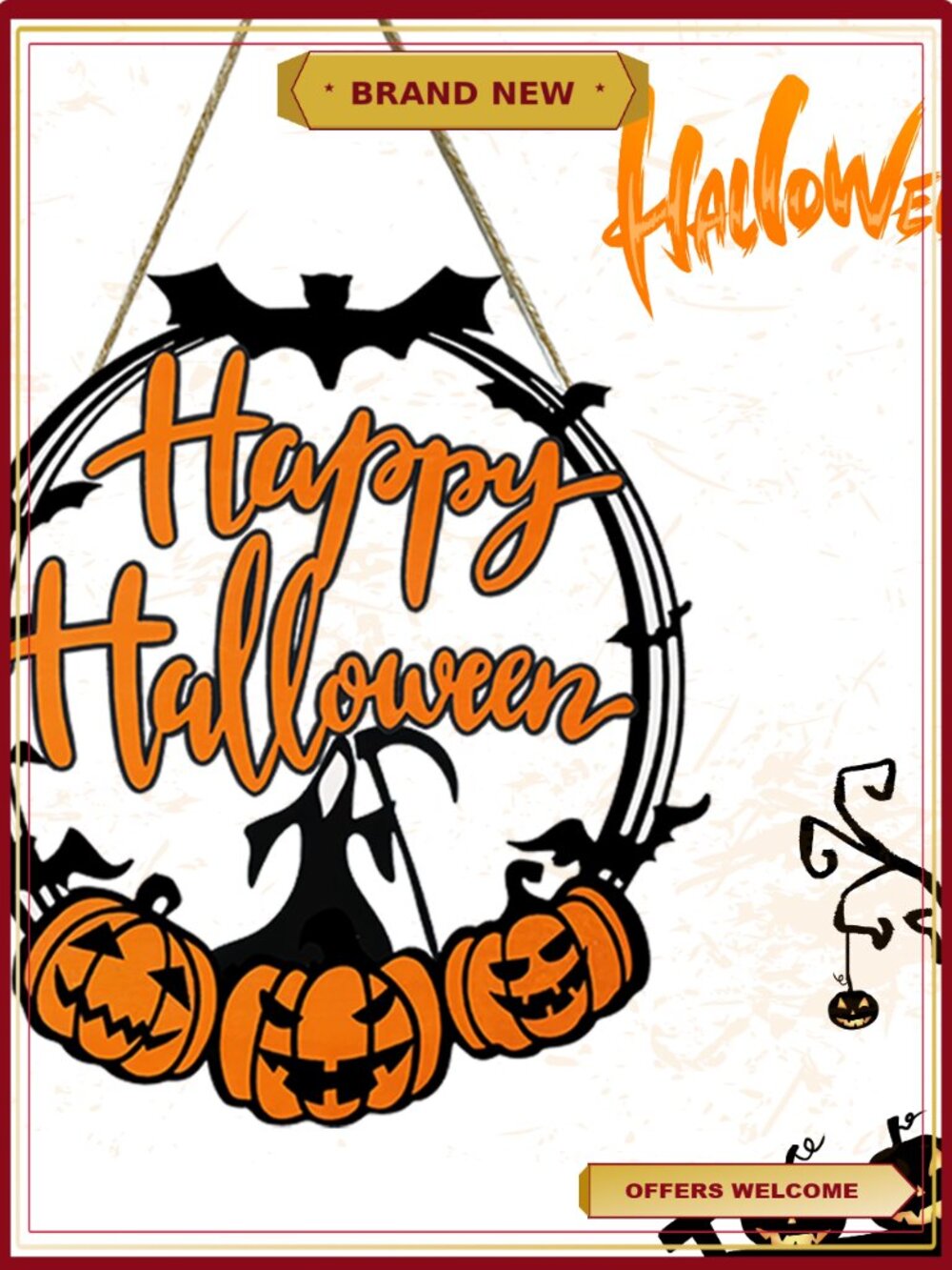 Halloween Pumpkin Hanging Wood Door Sign Welcome Plaque Front Door Decor
